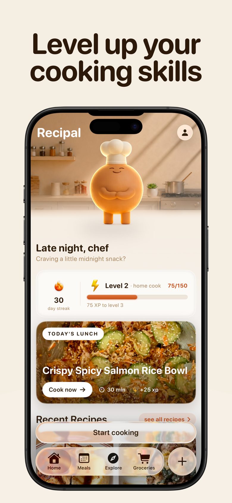 Recipal home screen — level up your cooking skills